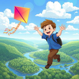 An illustration of a young white boy named Ben, happily flying a vibrant kite that glows with bright colors in the sunlight