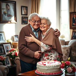 A heartwarming scene depicting an elderly couple, a grandfather and grandmother, lovingly embracing each other, celebrating their 58th wedding anniversary