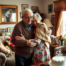 A heartwarming scene depicting an elderly couple, a grandfather and grandmother, lovingly embracing each other, celebrating their 58th wedding anniversary