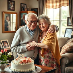 A heartwarming scene depicting an elderly couple, a grandfather and grandmother, lovingly embracing each other, celebrating their 58th wedding anniversary