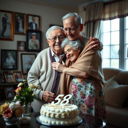 A heartwarming scene depicting an elderly couple, a grandfather and grandmother, lovingly embracing each other, celebrating their 58th wedding anniversary
