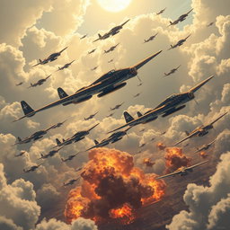 An animated depiction of relentless aerial bombardments, showcasing waves of US bombers in the sky, flying over Japan with precision