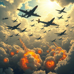 An animated depiction of relentless aerial bombardments, showcasing waves of US bombers in the sky, flying over Japan with precision