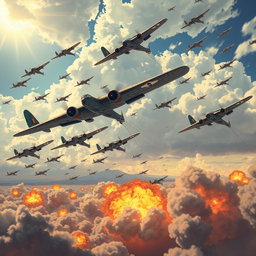 An animated depiction of relentless aerial bombardments, showcasing waves of US bombers in the sky, flying over Japan with precision