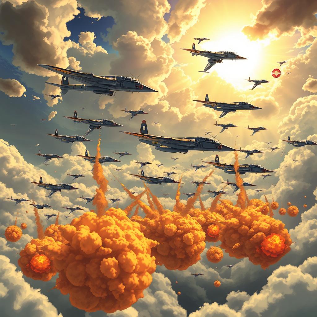 An animated depiction of relentless aerial bombardments, showcasing waves of US bombers in the sky, flying over Japan with precision
