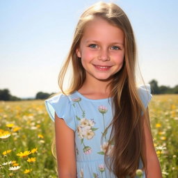 A portrait photo of a girl with long, flowing brown hair and bright green eyes, wearing a light blue summer dress adorned with floral patterns