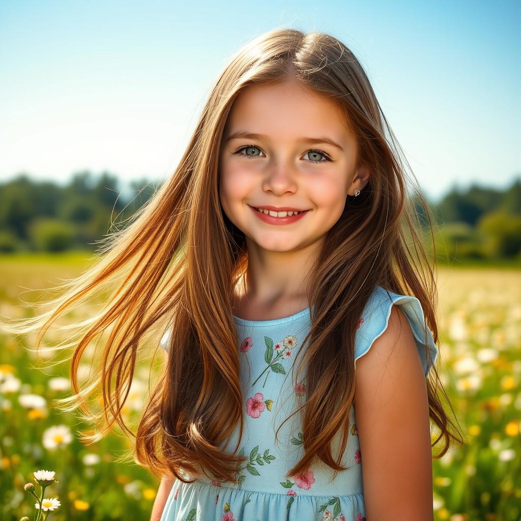A portrait photo of a girl with long, flowing brown hair and bright green eyes, wearing a light blue summer dress adorned with floral patterns