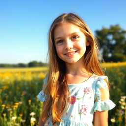 A portrait photo of a girl with long, flowing brown hair and bright green eyes, wearing a light blue summer dress adorned with floral patterns