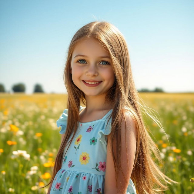 A portrait photo of a girl with long, flowing brown hair and bright green eyes, wearing a light blue summer dress adorned with floral patterns
