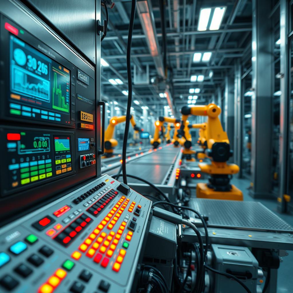A close-up view of a high-tech control panel, filled with glowing buttons, screens displaying complex data, and intricate wiring