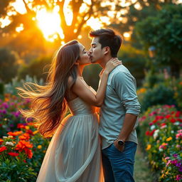 A romantic scene in a lush garden during sunset, with a couple sharing a passionate kiss