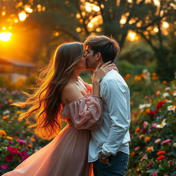 A romantic scene in a lush garden during sunset, with a couple sharing a passionate kiss