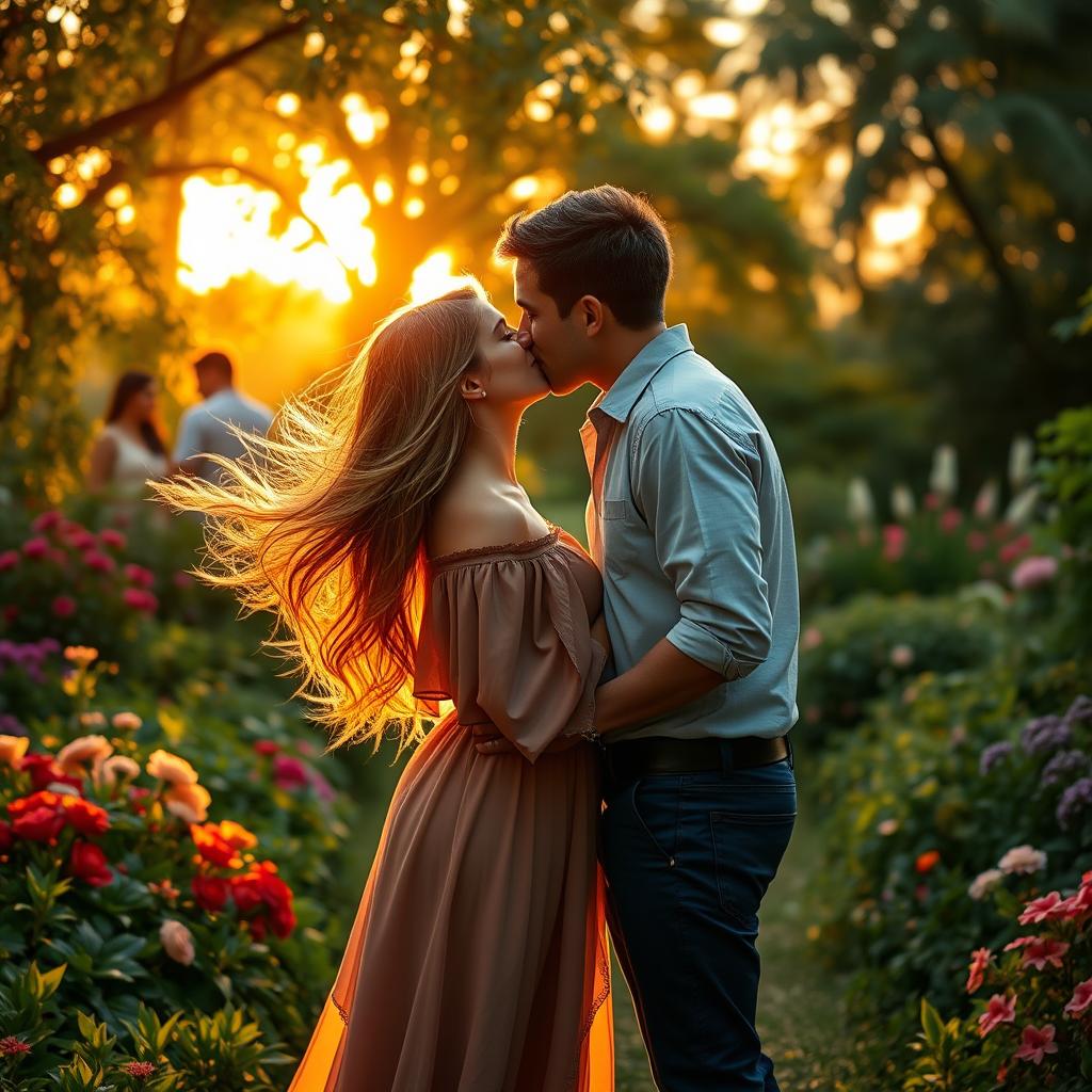 A romantic scene in a lush garden during sunset, with a couple sharing a passionate kiss