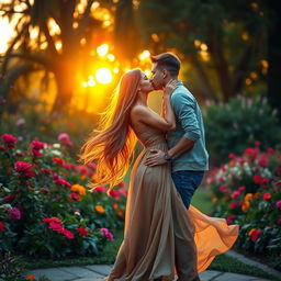 A romantic scene in a lush garden during sunset, with a couple sharing a passionate kiss