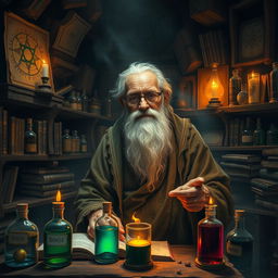 An old alchemist in a dimly lit laboratory filled with ancient books and glass vials of colorful potions, wearing a tattered robe, long white beard, and spectacles, surrounded by mystical symbols and alchemical diagrams on the walls, wooden shelves stacked with magical ingredients, candlelight casting flickering shadows, an atmosphere of mystery and wisdom