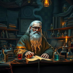 An old alchemist in a dimly lit laboratory filled with ancient books and glass vials of colorful potions, wearing a tattered robe, long white beard, and spectacles, surrounded by mystical symbols and alchemical diagrams on the walls, wooden shelves stacked with magical ingredients, candlelight casting flickering shadows, an atmosphere of mystery and wisdom