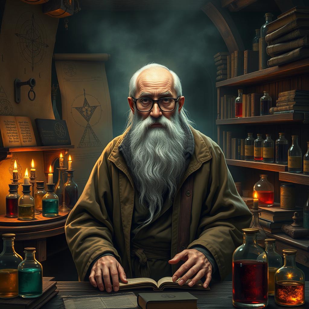 An old alchemist in a dimly lit laboratory filled with ancient books and glass vials of colorful potions, wearing a tattered robe, long white beard, and spectacles, surrounded by mystical symbols and alchemical diagrams on the walls, wooden shelves stacked with magical ingredients, candlelight casting flickering shadows, an atmosphere of mystery and wisdom