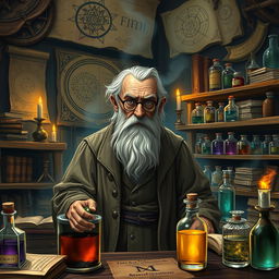 An old alchemist in a dimly lit laboratory filled with ancient books and glass vials of colorful potions, wearing a tattered robe, long white beard, and spectacles, surrounded by mystical symbols and alchemical diagrams on the walls, wooden shelves stacked with magical ingredients, candlelight casting flickering shadows, an atmosphere of mystery and wisdom