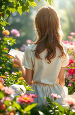 A serene scene depicting the back view of a girl sitting gracefully in a lush garden