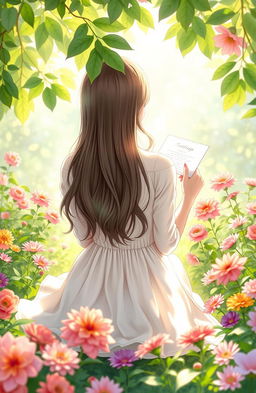 A serene scene depicting the back view of a girl sitting gracefully in a lush garden