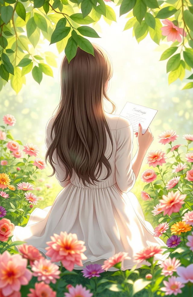 A serene scene depicting the back view of a girl sitting gracefully in a lush garden