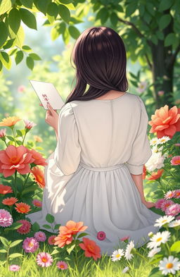 A serene scene depicting the back view of a girl sitting gracefully in a lush garden