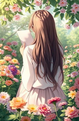 A serene scene depicting the back view of a girl sitting gracefully in a lush garden