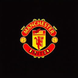 A visually stunning logo design inspired by Manchester United, featuring the iconic red and yellow color scheme, a stylized version of the team's crest incorporating elements like a fierce red devil and a classic football imagery