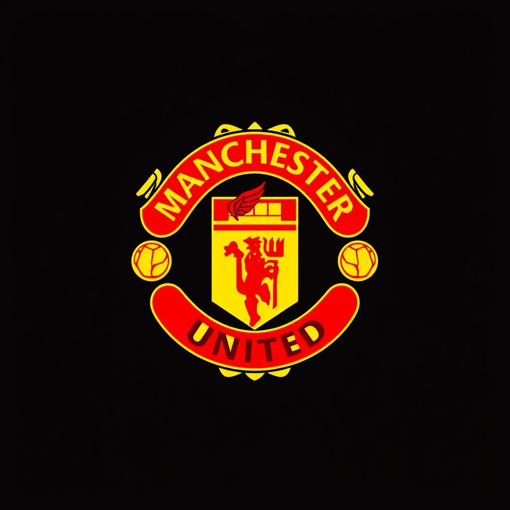 A visually stunning logo design inspired by Manchester United, featuring the iconic red and yellow color scheme, a stylized version of the team's crest incorporating elements like a fierce red devil and a classic football imagery