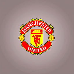 A visually stunning logo design inspired by Manchester United, featuring the iconic red and yellow color scheme, a stylized version of the team's crest incorporating elements like a fierce red devil and a classic football imagery