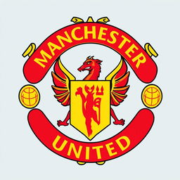A visually stunning logo design inspired by Manchester United, featuring the iconic red and yellow color scheme, a stylized version of the team's crest incorporating elements like a fierce red devil and a classic football imagery