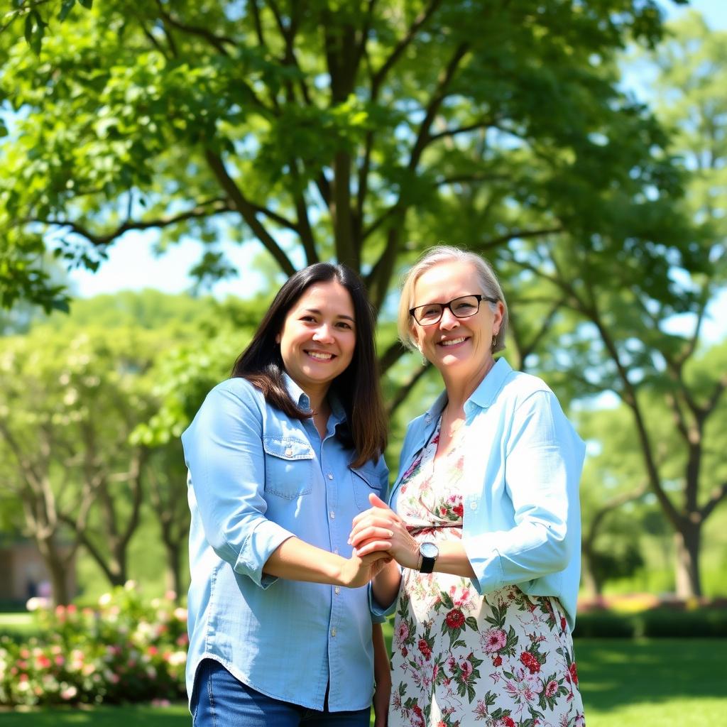 Two people standing together in a serene park, holding their hands together affectionately