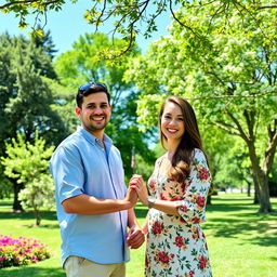 Two people standing together in a serene park, holding their hands together affectionately