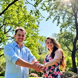 Two people standing together in a serene park, holding their hands together affectionately