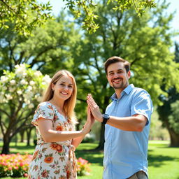 Two people standing together in a serene park, holding their hands together affectionately