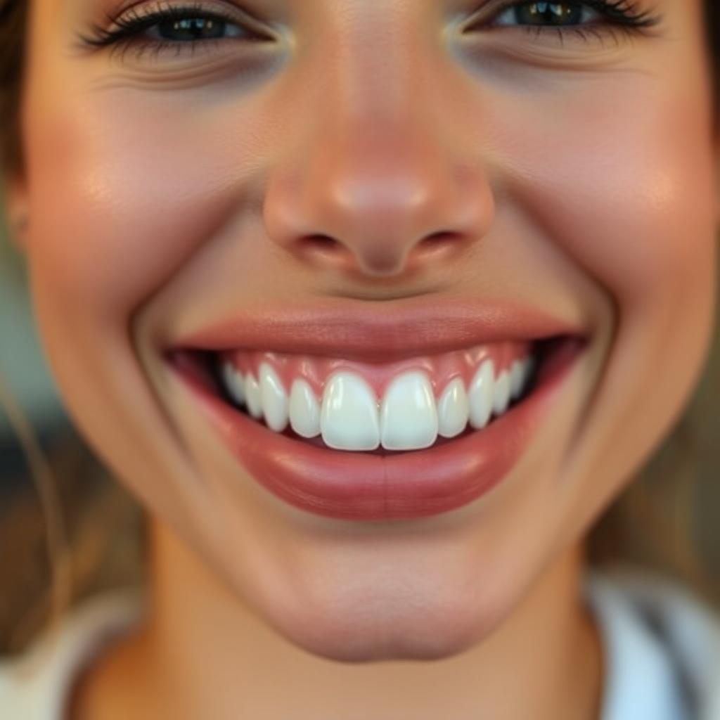 A close-up image of a person smiling, showcasing perfect, bright teeth without any overexposure or unusual effects