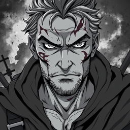 A battle-scarred, middle-aged man in bold anime style, showcasing piercing eyes that convey intensity and depth