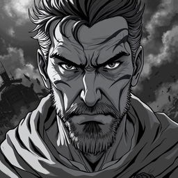 A battle-scarred, middle-aged man in bold anime style, showcasing piercing eyes that convey intensity and depth
