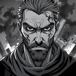 A battle-scarred, middle-aged man in bold anime style, showcasing piercing eyes that convey intensity and depth