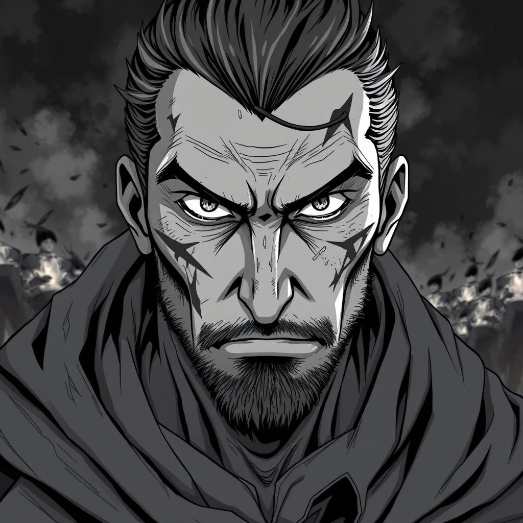 A battle-scarred, middle-aged man in bold anime style, showcasing piercing eyes that convey intensity and depth