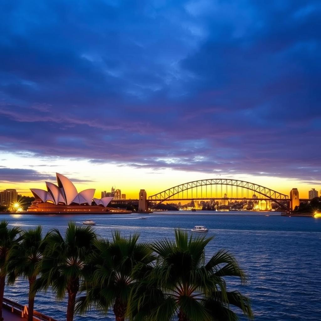 A stunning view of Sydney's iconic skyline at twilight, showcasing the Sydney Opera House with its distinctive sail-like roofs and the Sydney Harbour Bridge elegantly arching across the harbor
