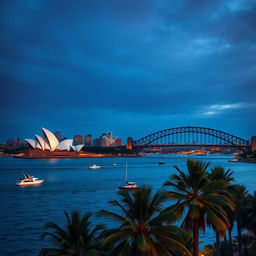 A stunning view of Sydney's iconic skyline at twilight, showcasing the Sydney Opera House with its distinctive sail-like roofs and the Sydney Harbour Bridge elegantly arching across the harbor