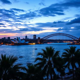 A stunning view of Sydney's iconic skyline at twilight, showcasing the Sydney Opera House with its distinctive sail-like roofs and the Sydney Harbour Bridge elegantly arching across the harbor