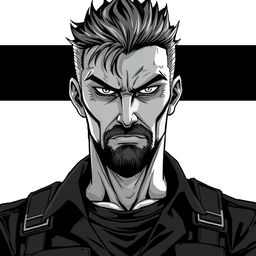 A middle-aged anti-hero villain character with a rugged, battle-scarred face, featuring piercing eyes that convey intensity and depth