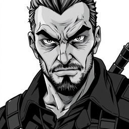A middle-aged anti-hero villain character with a rugged, battle-scarred face, featuring piercing eyes that convey intensity and depth
