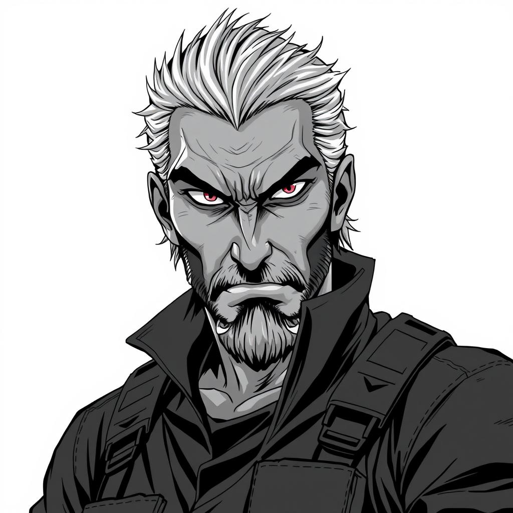 A middle-aged anti-hero villain character with a rugged, battle-scarred face, featuring piercing eyes that convey intensity and depth