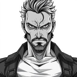 A middle-aged anti-hero villain character with a rugged, battle-scarred face, featuring piercing eyes that convey intensity and depth
