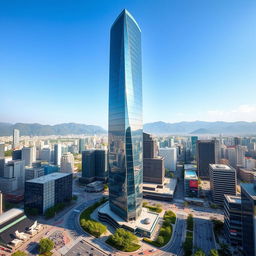 A breathtaking view of a modern skyscraper in South Korea, characterized by its sleek, glass façade that reflects the vibrant cityscape around it