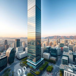 A breathtaking view of a modern skyscraper in South Korea, characterized by its sleek, glass façade that reflects the vibrant cityscape around it