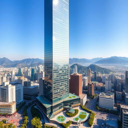 A breathtaking view of a modern skyscraper in South Korea, characterized by its sleek, glass façade that reflects the vibrant cityscape around it